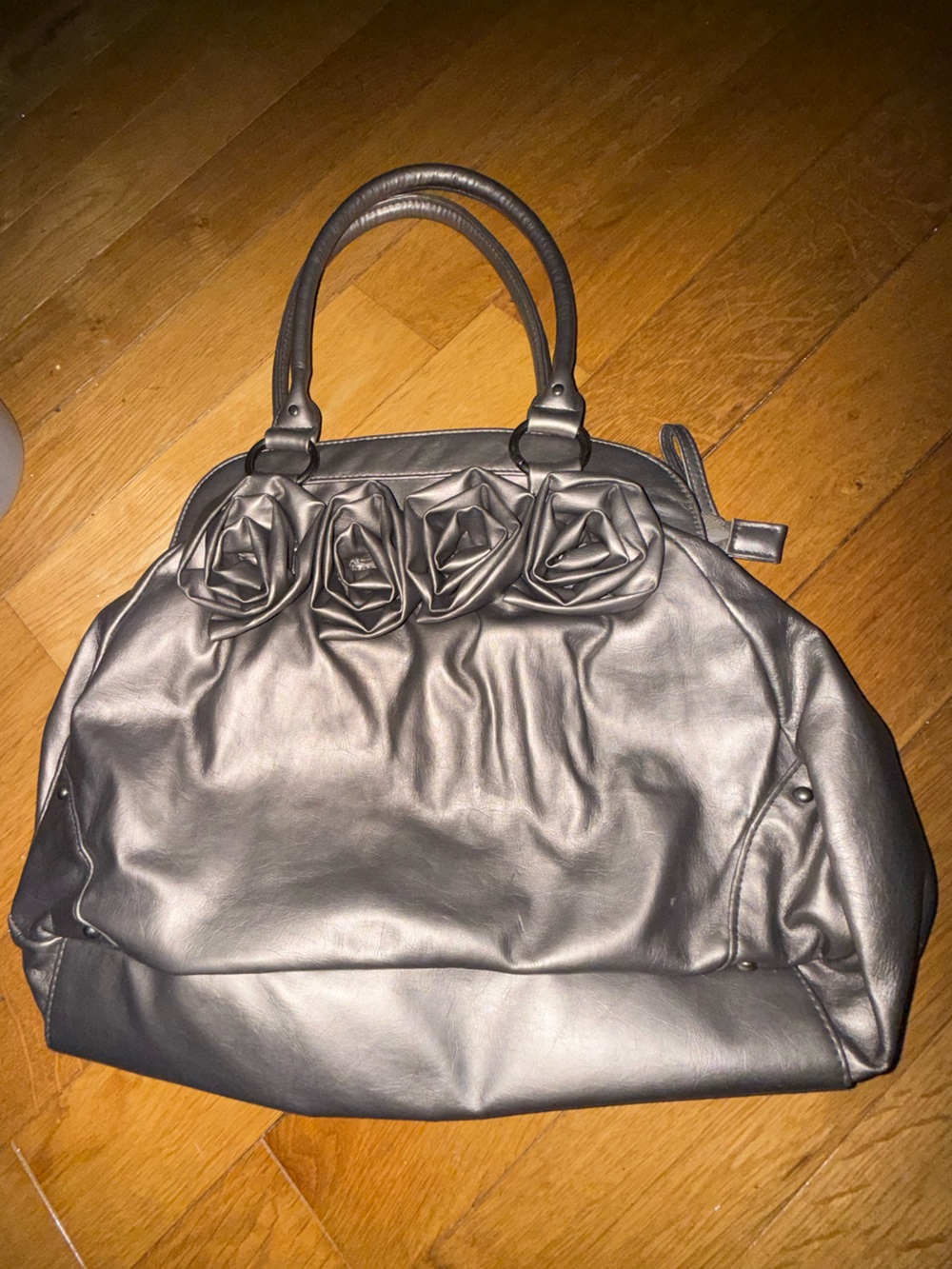 City Streets Metallic Gray Tote with Rosette Accents
